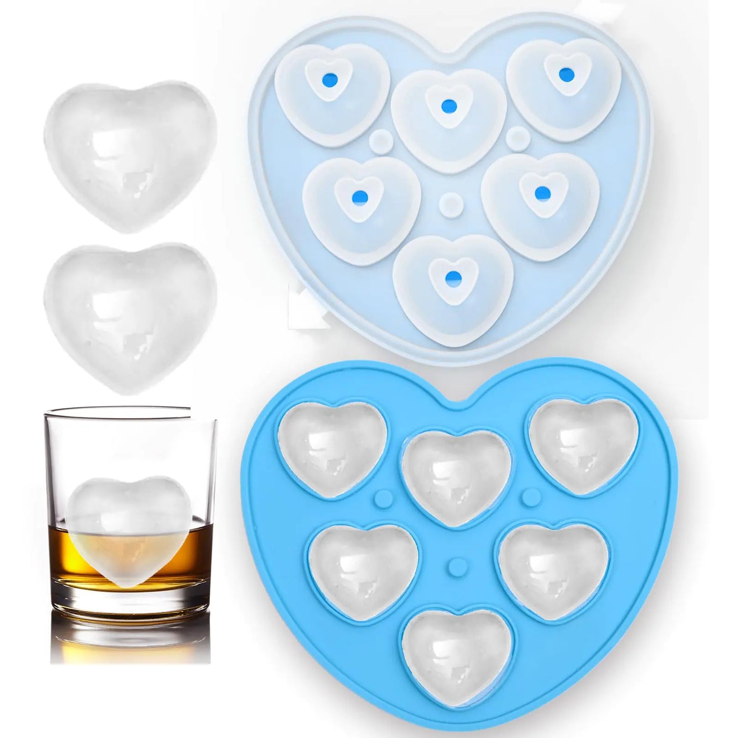 Heart-Shaped Ice Cube Trays - 6 Holes Silicone Heart Ice Cube Tray Love Heart Shape Ice Cube Mold for Chilling Whiskey Cocktails Drinks Beverages Iced Tea & Coffee Dishwasher Safe (blue)