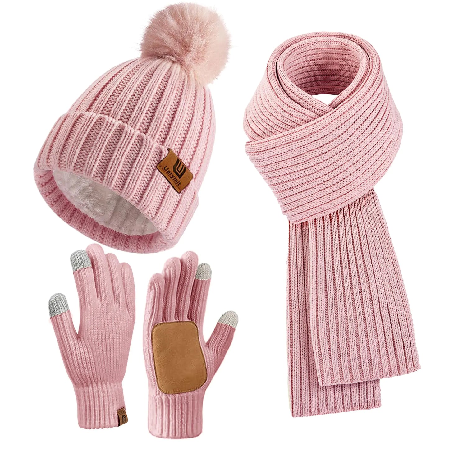 Pink Winter Beanie Hat Scarf Gloves Set