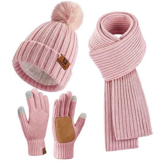 Pink Winter Beanie Hat Scarf Gloves Set