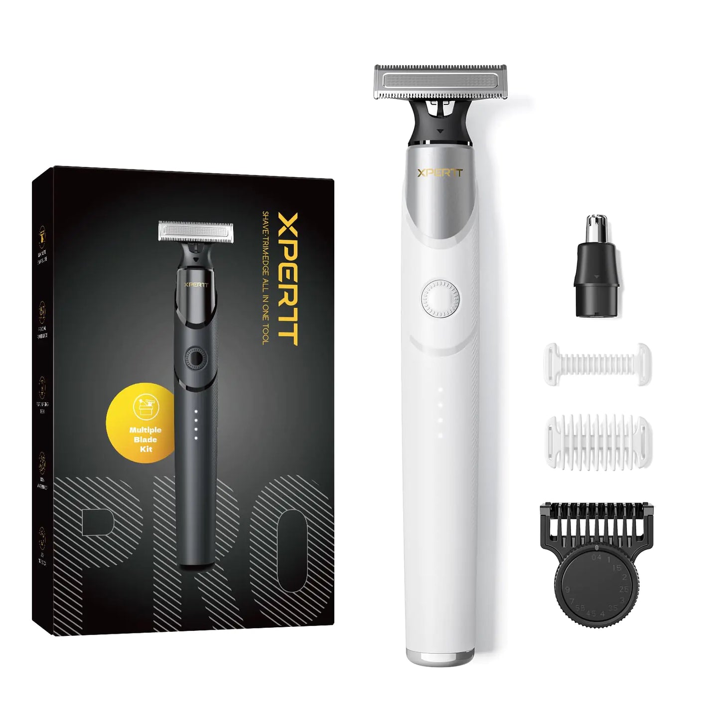 Xpert T Integrated Magnetic Electric Beard Trimmer & Shaver Bikini Intimate Trimmer 12 in 1 Adjustable Combs Set 2 Body Kits Nose Hair Trim Head Personal Body Trimmer for Men & Women White