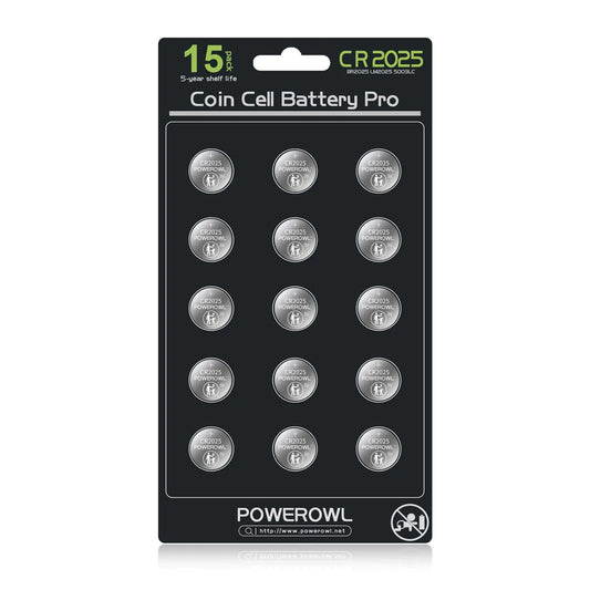 POWEROWL High Capacity CR2025 Battery (15-Pack) 2025 3v Lithium Batteries 10 Years Leak-Free