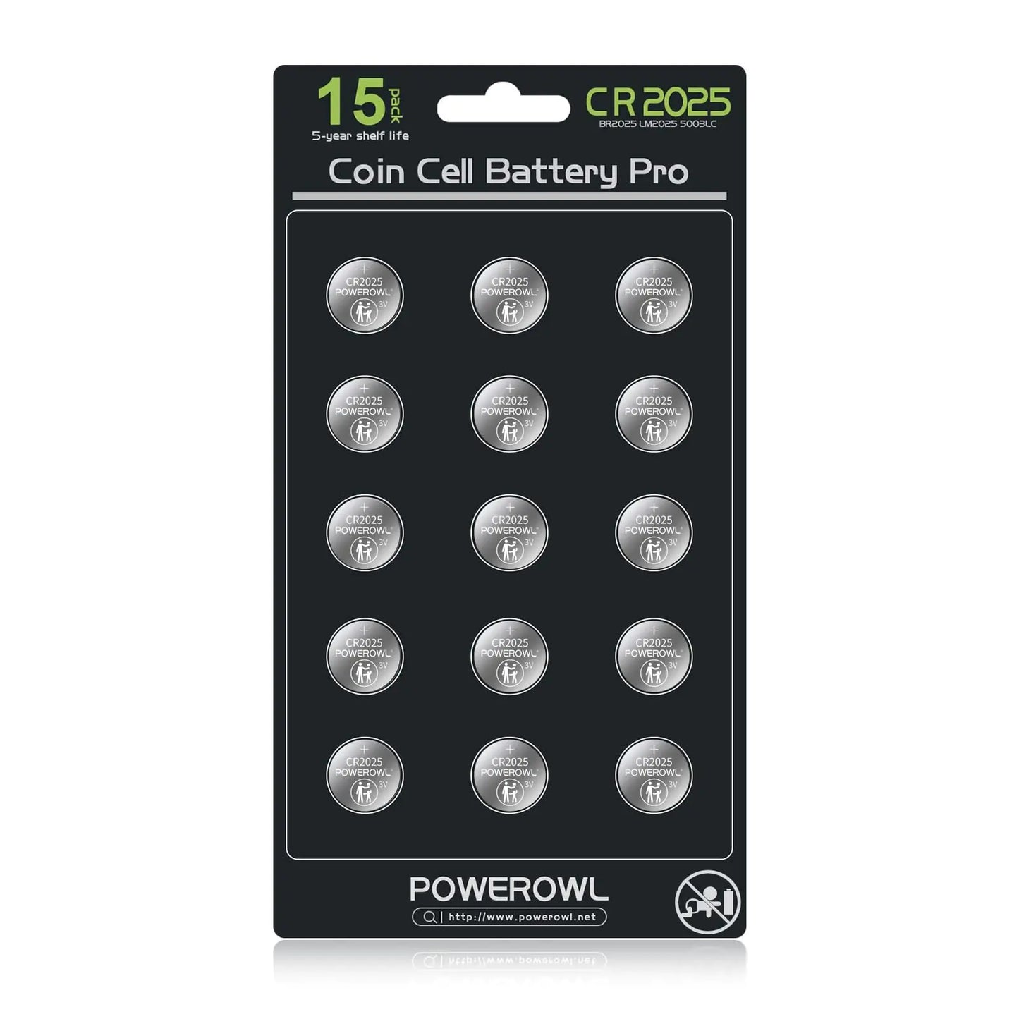 POWEROWL High Capacity CR2025 Battery (15-Pack) 2025 3v Lithium Batteries 10 Years Leak-Free
